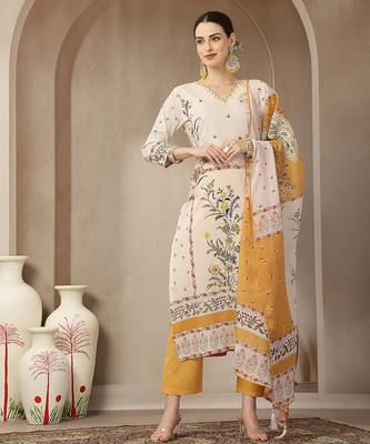 yellow and off white cotton straight beads and stones kurta dupatta set 1