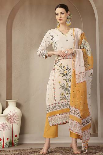 yellow and off white cotton straight beads and stones kurta dupatta set