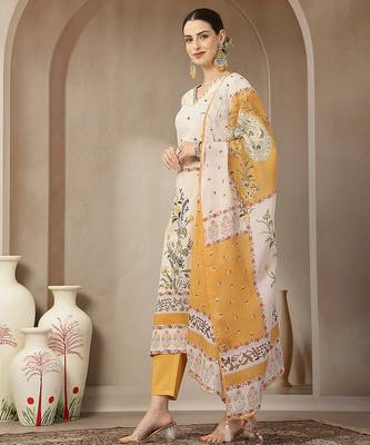 yellow and off white cotton straight beads and stones kurta dupatta set 2
