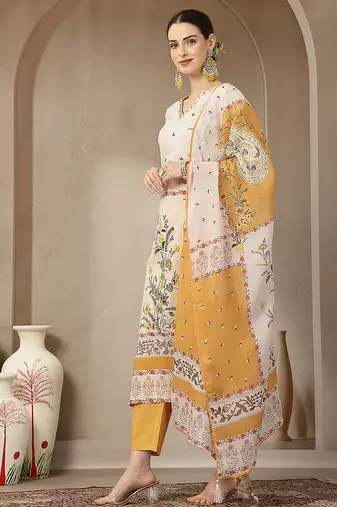 yellow and off white cotton straight beads and stones kurta dupatta set