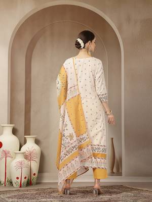 yellow and off white cotton straight beads and stones kurta dupatta set 3