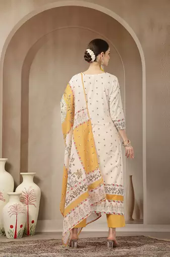 yellow and off white cotton straight beads and stones kurta dupatta set
