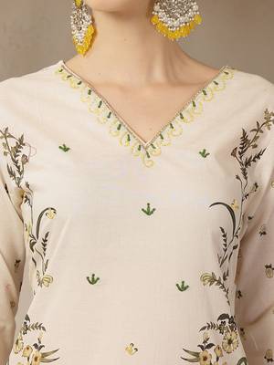 yellow and off white cotton straight beads and stones kurta dupatta set 4