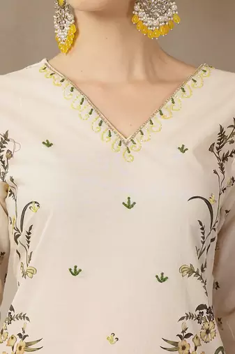 yellow and off white cotton straight beads and stones kurta dupatta set