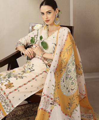 yellow and off white cotton straight beads and stones kurta dupatta set 5