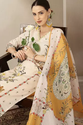 yellow and off white cotton straight beads and stones kurta dupatta set