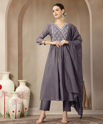 purple mul chanderi beads and stones mirror work kurta dupatta pant set 1