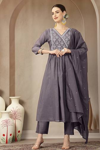 purple mul chanderi beads and stones mirror work kurta dupatta pant set