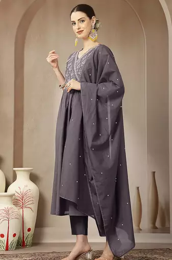purple mul chanderi beads and stones mirror work kurta dupatta pant set