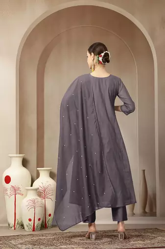purple mul chanderi beads and stones mirror work kurta dupatta pant set