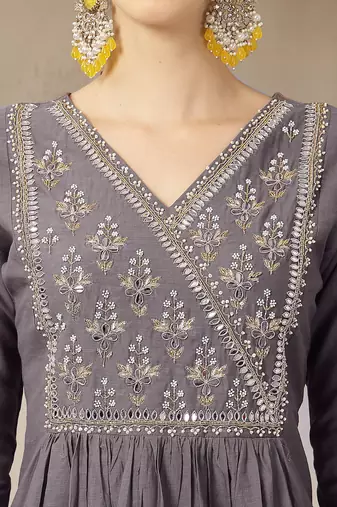 purple mul chanderi beads and stones mirror work kurta dupatta pant set