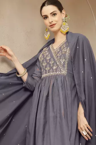 purple mul chanderi beads and stones mirror work kurta dupatta pant set