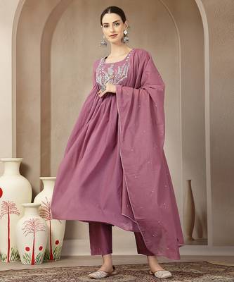 purple mul chanderi beads and stones sequins work kurta dupatta pant set 1
