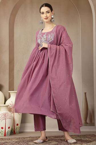 purple mul chanderi beads and stones sequins work kurta dupatta pant set