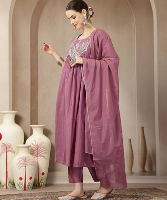 purple mul chanderi beads and stones sequins work kurta dupatta pant set 2
