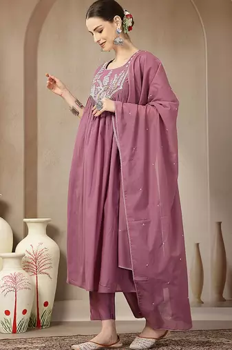 purple mul chanderi beads and stones sequins work kurta dupatta pant set