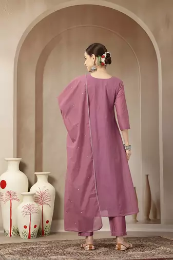 purple mul chanderi beads and stones sequins work kurta dupatta pant set