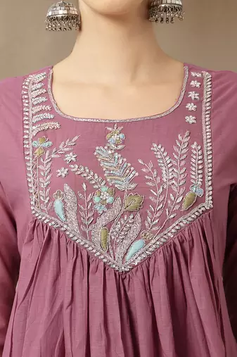 purple mul chanderi beads and stones sequins work kurta dupatta pant set
