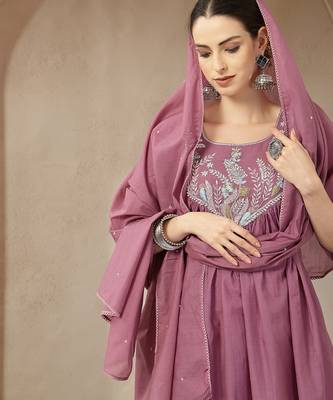 purple mul chanderi beads and stones sequins work kurta dupatta pant set 5