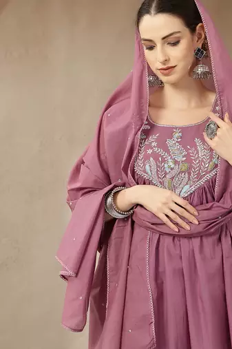 purple mul chanderi beads and stones sequins work kurta dupatta pant set
