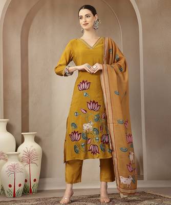 mustard mul chanderi silk floral a-line kurta trouser dupatta set 1