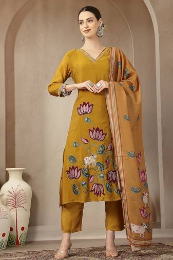 mustard mul chanderi silk floral a-line kurta trouser dupatta set