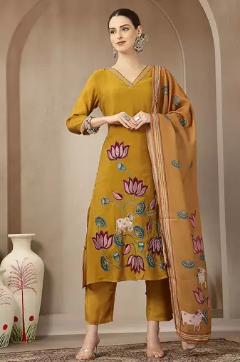 mustard mul chanderi silk floral a-line kurta trouser dupatta set
