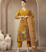 mustard mul chanderi silk floral a-line kurta trouser dupatta set