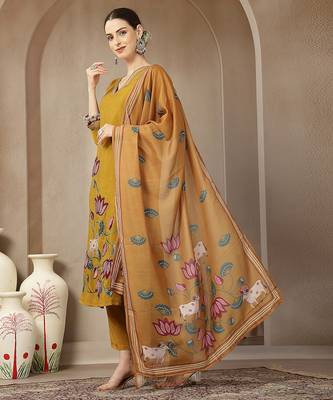 mustard mul chanderi silk floral a-line kurta trouser dupatta set 2