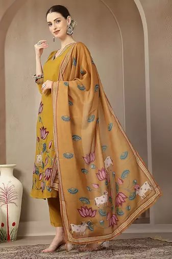 mustard mul chanderi silk floral a-line kurta trouser dupatta set