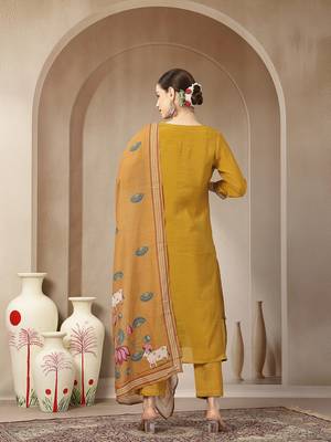mustard mul chanderi silk floral a-line kurta trouser dupatta set 3