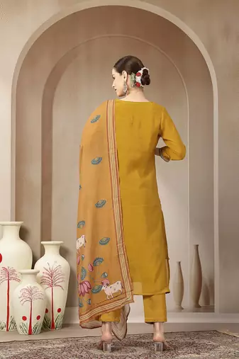 mustard mul chanderi silk floral a-line kurta trouser dupatta set