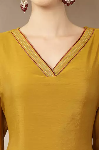 mustard mul chanderi silk floral a-line kurta trouser dupatta set