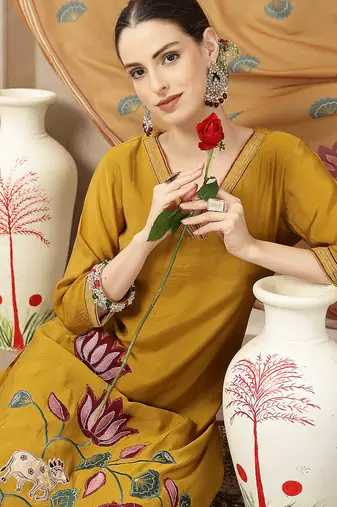 mustard mul chanderi silk floral a-line kurta trouser dupatta set