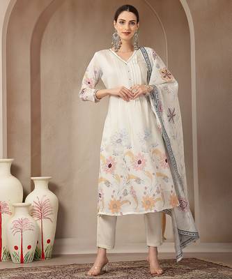 mul chanderi cream kurta dupatt pant set 1
