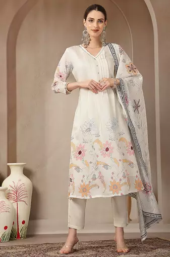 mul chanderi cream kurta dupatt pant set