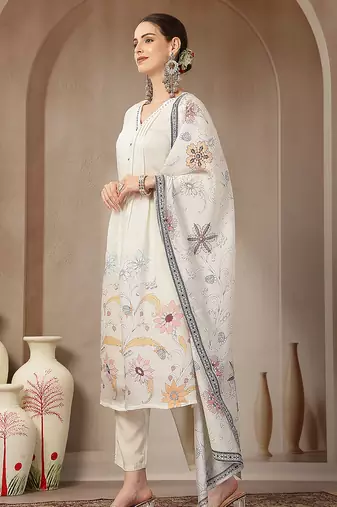 mul chanderi cream kurta dupatt pant set