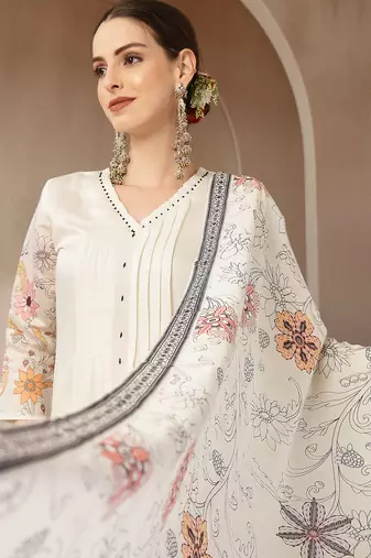 mul chanderi cream kurta dupatt pant set