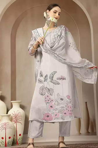 mul chanderi light grey kurta dupatt pant set