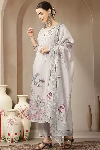 mul chanderi light grey kurta dupatt pant set