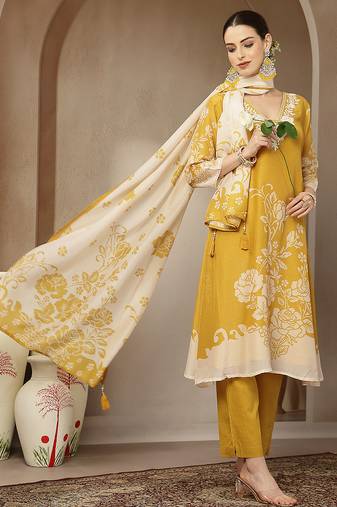 mul chanderi yellow kurta dupatta pant set