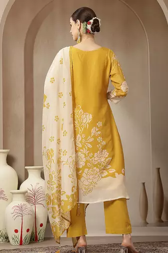 mul chanderi yellow kurta dupatta pant set