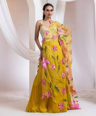 yellow Floral embroidered chiffon Lehenga 1