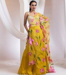 yellow Floral embroidered chiffon Lehenga