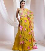 yellow Floral embroidered chiffon Lehenga