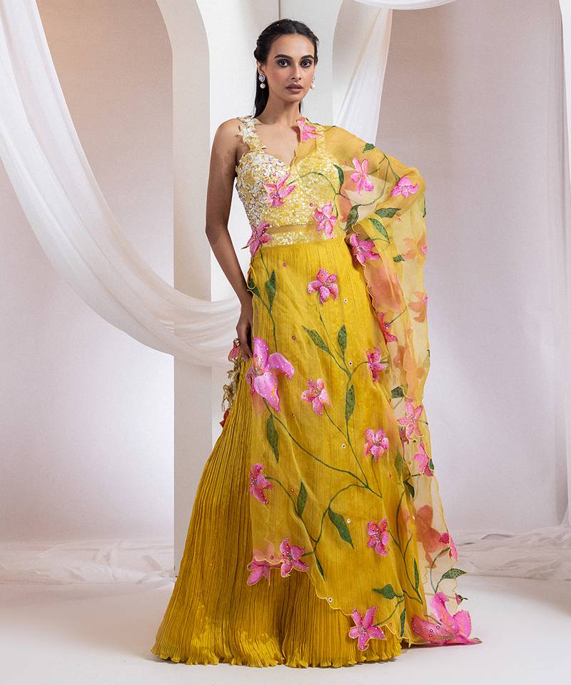 yellow Floral embroidered chiffon Lehenga