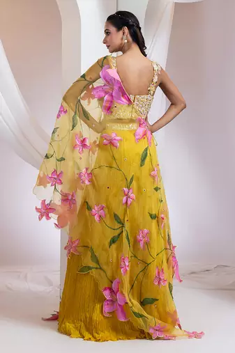 yellow Floral embroidered chiffon Lehenga
