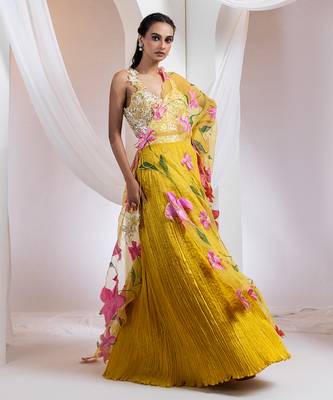 yellow Floral embroidered chiffon Lehenga 3