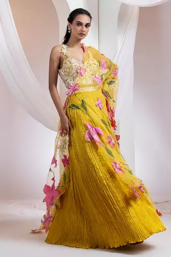 yellow Floral embroidered chiffon Lehenga