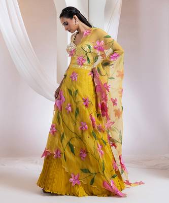 yellow Floral embroidered chiffon Lehenga 4